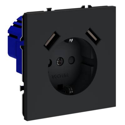 Розетка встраиваемая voltum s70 с заземлением и защитными шторками, 16А, с usb, a+a, (графит)