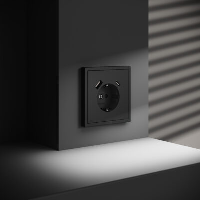Розетка встраиваемая voltum s70 с заземлением и защитными шторками, 16А, с usb, a+С, (черный матовый